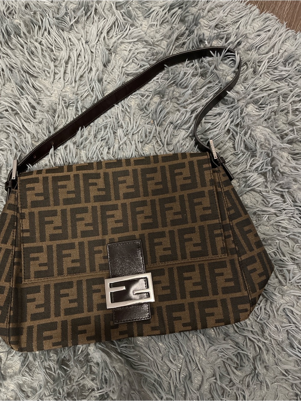 Fendi Brown FF Monogram Shoulder Bag with Silver Buckle